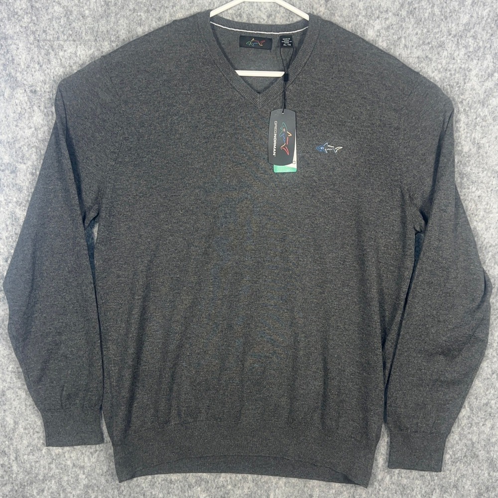 Greg Norman Men's V-Neck Sweater Charcoal Gray Shark Logo G7F23XLS200 XL